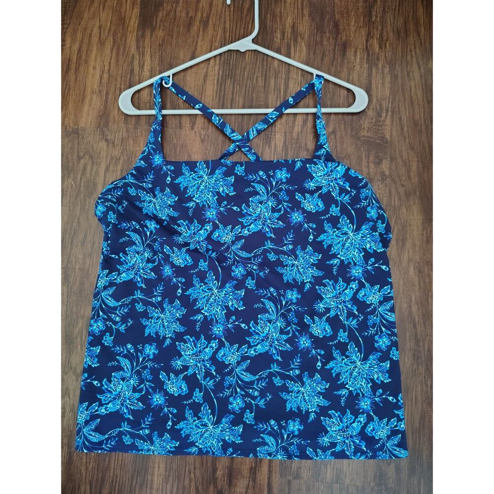 Lands' End Navy and Aqua Floral Tankini Top - Picture 2 of 5
